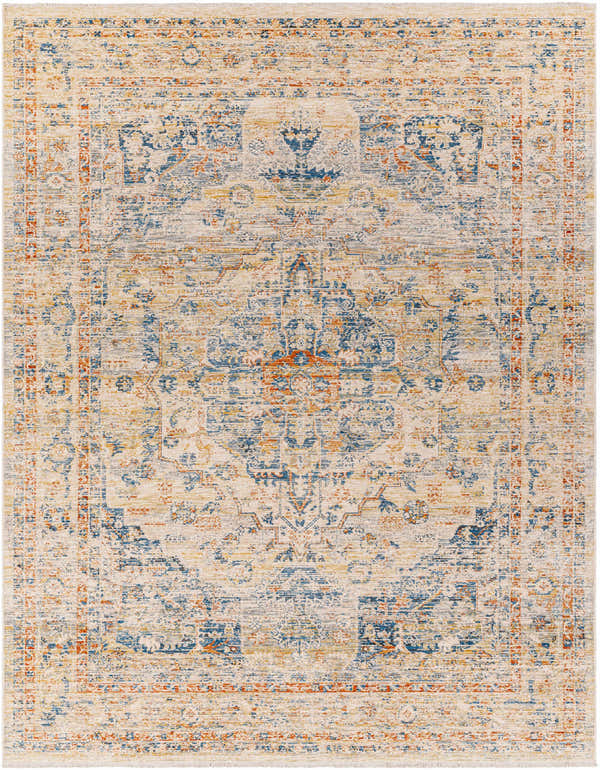 Close-up of the Bora Area Rug. Traditional style rug in camel, copper, and blue tones. Machine woven polyester rug. Design-Rectangle-71010