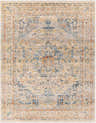 Close-up of the Bora Area Rug. Traditional style rug in camel, copper, and blue tones. Machine woven polyester rug. Design-Rectangle-71010