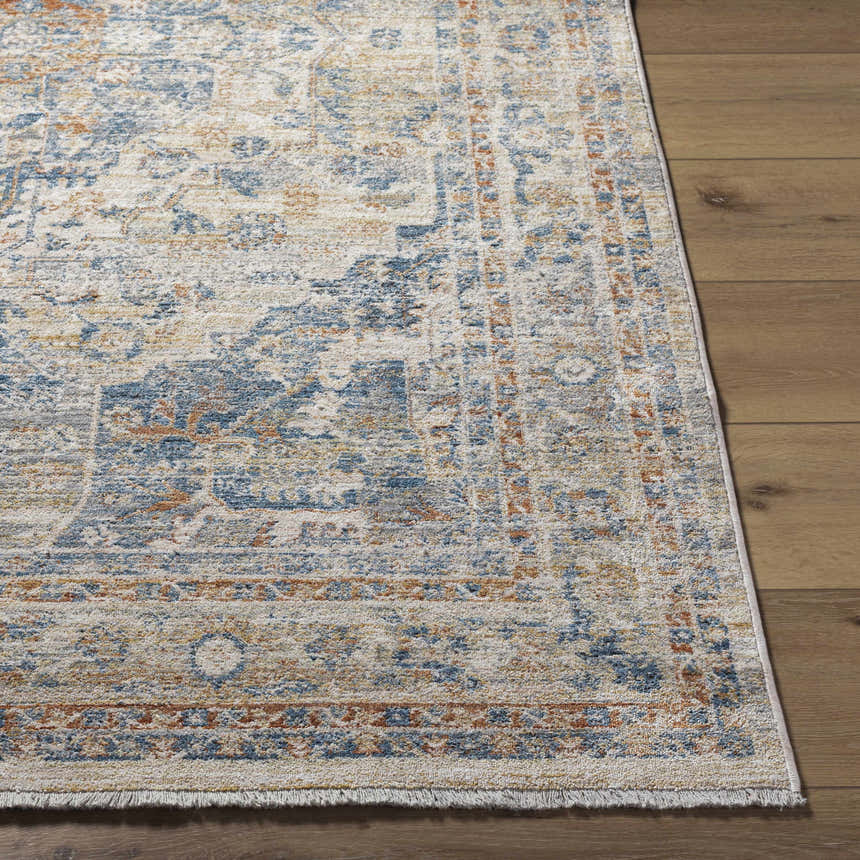 Close-up of the Bora Area Rug. Farmhouse style rug with camel, copper, and blue traditional pattern. Front