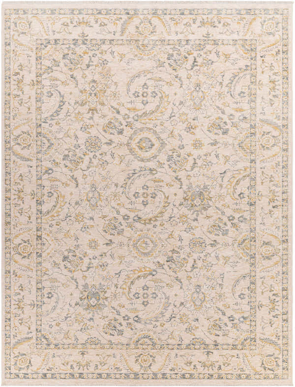 Close-up of the Clee Area Rug in driftwood, gray, lambswool, and nutmeg. Traditional floral pattern. Design-Rectangle-71010