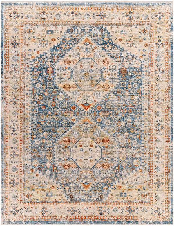 Close-up of the Cyndi Area Rug showcasing its traditional design, copper, gray, lambswool, and rust colors. Design-Rectangle-71010