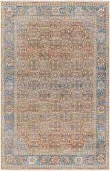 Detailed view of the Dalit Area Rug in clay, copper, denim, and driftwood hues with a traditional floral pattern. Design-Rectangle-537