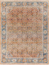 Detailed view of the Dalit Area Rug in clay, copper, denim, and lambswool. Farmhouse style with traditional patterns. Design-Rectangle-71010