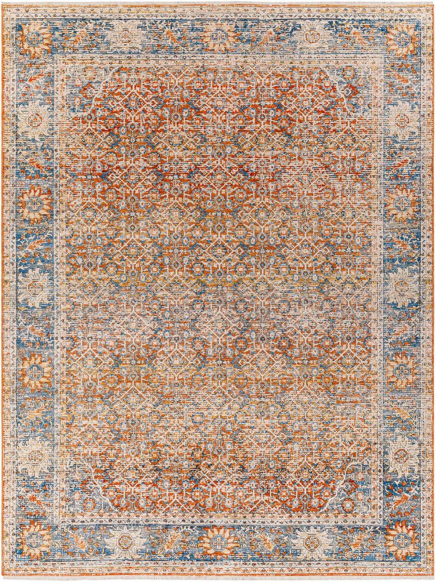 Detailed view of the Dalit Area Rug in clay, copper, denim, and lambswool. Farmhouse style with traditional patterns. Design-Rectangle-71010