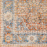 Close-up of the Dalit Area Rug in clay, copper, and denim. Traditional, machine-woven design with a distressed, faded look. Swatch