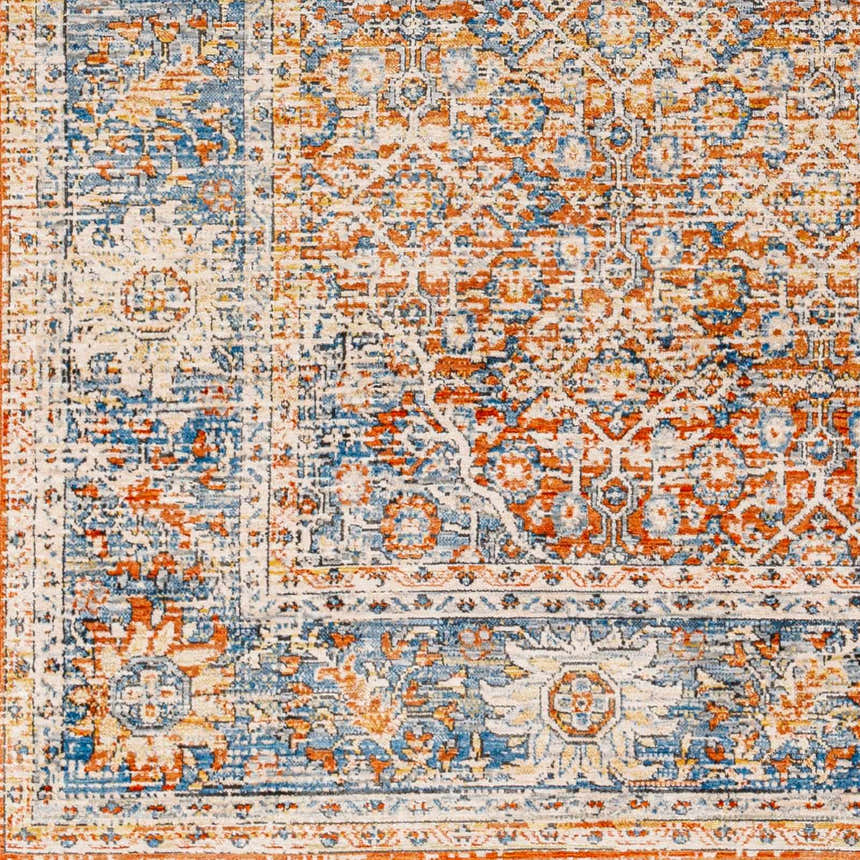 Close-up of the Dalit Area Rug in clay, copper, and denim. Traditional, machine-woven design with a distressed, faded look. Swatch