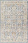 Detailed Eytan Area Rug close-up. Traditional design in cloud gray, light blue, and touches of orange. Machine woven texture. Design-Rectangle-579