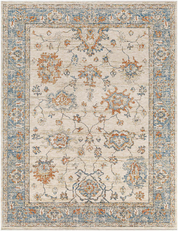 Close-up of the Luma Area Rug featuring a traditional floral pattern in faded driftwood, lambswool, blue, and multi-brown tones. Design-Rectangle-71010
