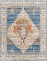 Close-up of the Shin Area Rug with a traditional diamond pattern in clay, copper, denim, and gray hues. Machine-woven polyester texture. Design-Rectangle-71010