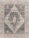 Close-up of the Unna Area Rug featuring a traditional diamond pattern in dusty sage, blue, and taupe tones. Design-Rectangle-71010