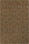 Close-up of the Schneider Area Carpet. Hand-knotted wool rug with a brown geometric lattice pattern and red accents. Design-Rectangle-5686
