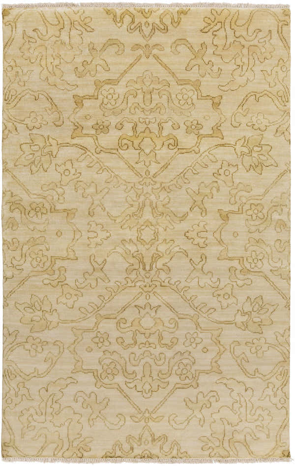 Close-up of the Schererville Area Carpet. Hand-knotted, 100% NZ wool rug with a traditional floral pattern in neutral beige tones. Design-Rectangle-5686