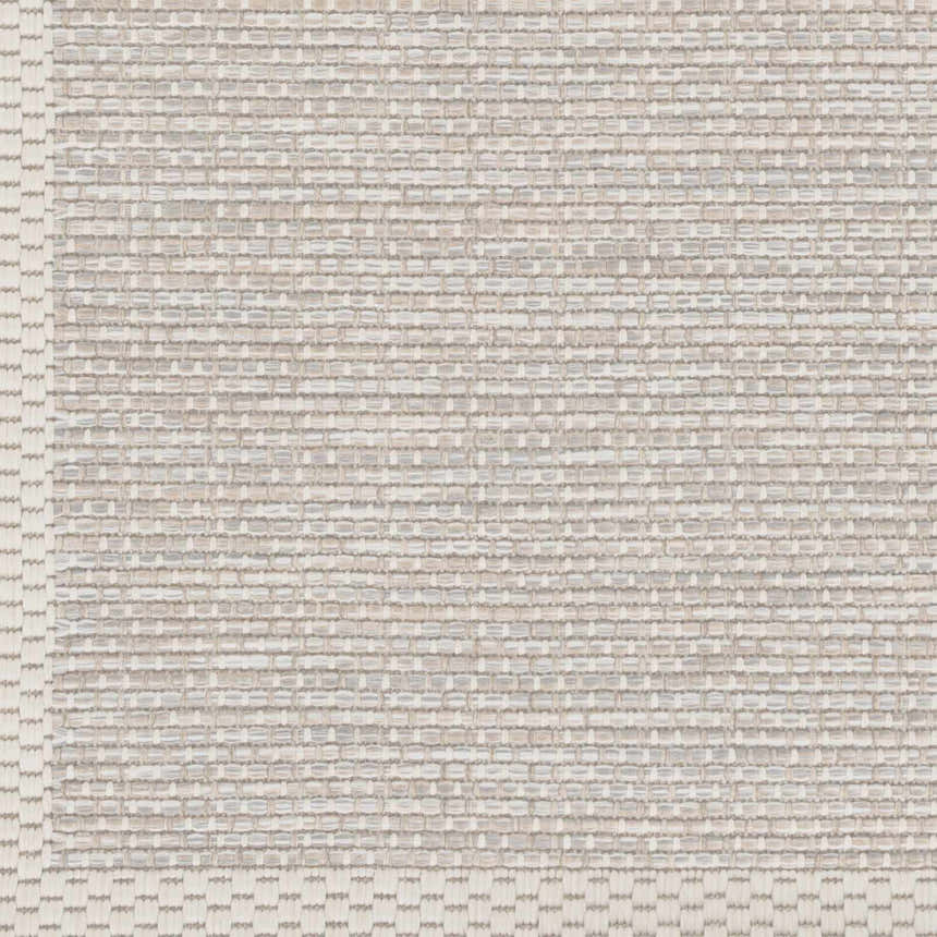 Close-up of the woven texture of the Escalon Area Rug. Cream and taupe striped pattern. Swatch
