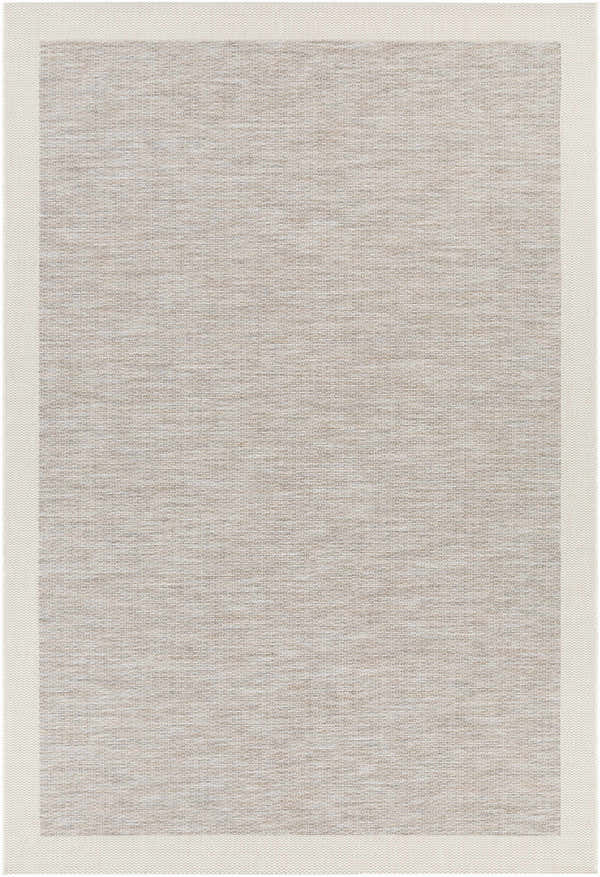 Close-up of the Escalon Area Rug, a cream and taupe polypropylene rug with a solid and striped contemporary design. Design-Rectangle-7111011