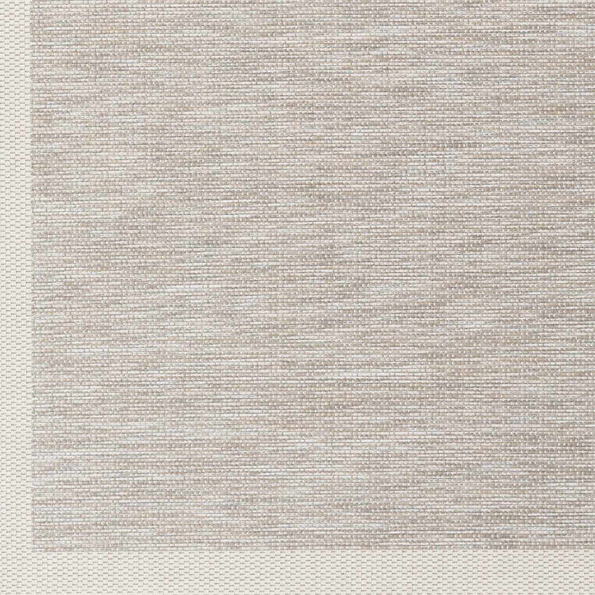 Close-up of the Escalon Area Rug. Cream and taupe polypropylene rug with a textured, woven striped pattern. Swatch