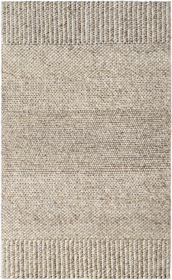 Close up of the hand woven Nimai Beige Wool Area Rug featuring a textured, chunky knit design. Design-Rectangle-576