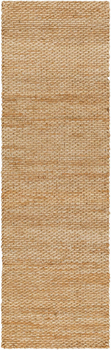 Close-up of the Olof Hand Woven Jute Rug showing its natural tan color and textured, braided weave. Farmhouse style. Design-Runner-268