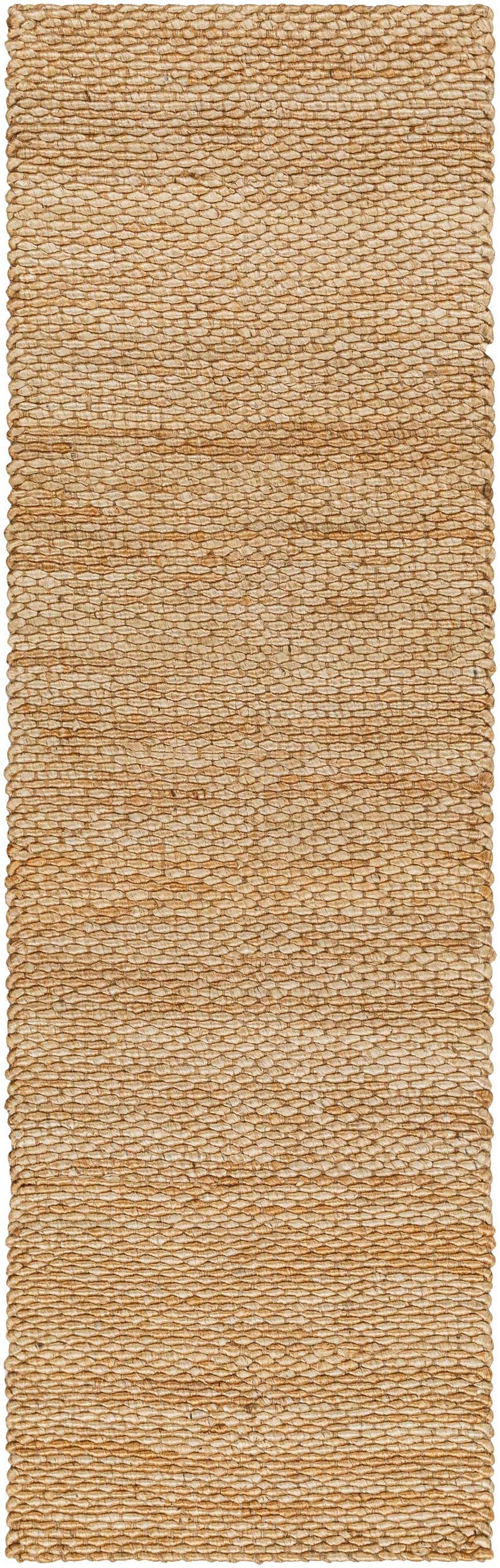 Close-up of the Olof Hand Woven Jute Rug showing its natural tan color and textured, braided weave. Farmhouse style. Design-Runner-268