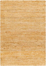 Close-up of the Olof Hand Woven Jute Rug. Caramel, copper, and tan natural jute fibers create a textured, farmhouse style rug. Design-Rectangle-576