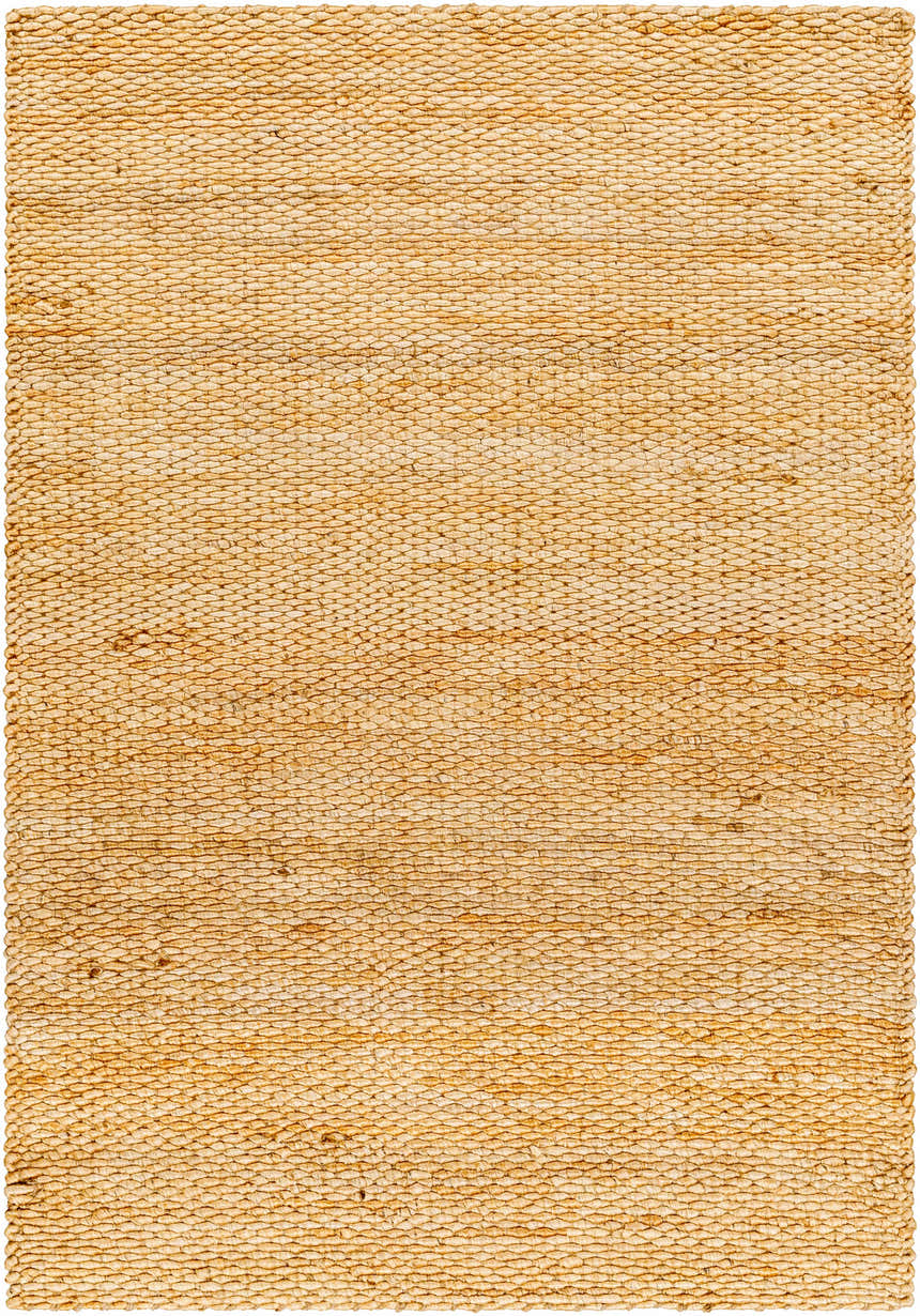Close-up of the Olof Hand Woven Jute Rug. Caramel, copper, and tan natural jute fibers create a textured, farmhouse style rug. Design-Rectangle-576