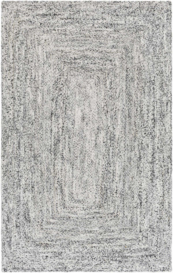 Close-up of a hand woven Kenyi Natural Gray Area Rug featuring a subtle, concentric rectangle pattern in light and natural gray. Design-Rectangle-576