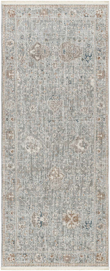 Detailed view of the Scole Area Rug, a traditional, machine-woven rug with dark blue, brown, and ivory floral patterns. Design-Runner
