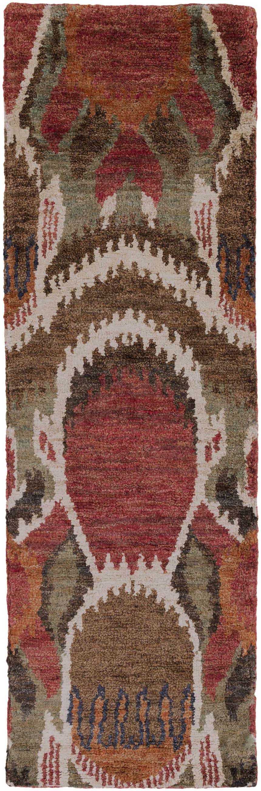 Close-up of the Scotia Brown Ikat Jute Rug. Hand-knotted rug with beige, brown, red, and sage bohemian pattern. Design-Runner-268