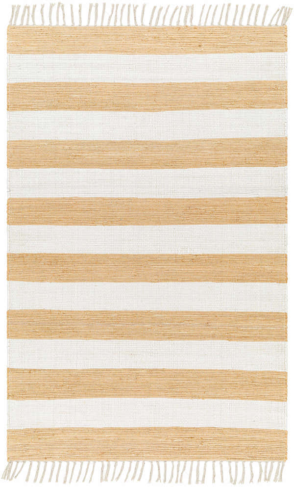 Close-up of the hand woven Moby Area Rug. Beige and white stripes with fringe. Farmhouse style. Design-Rectangle-576