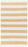 Close-up of the hand woven Moby Area Rug. Beige and white stripes with fringe. Farmhouse style. Design-Rectangle-576