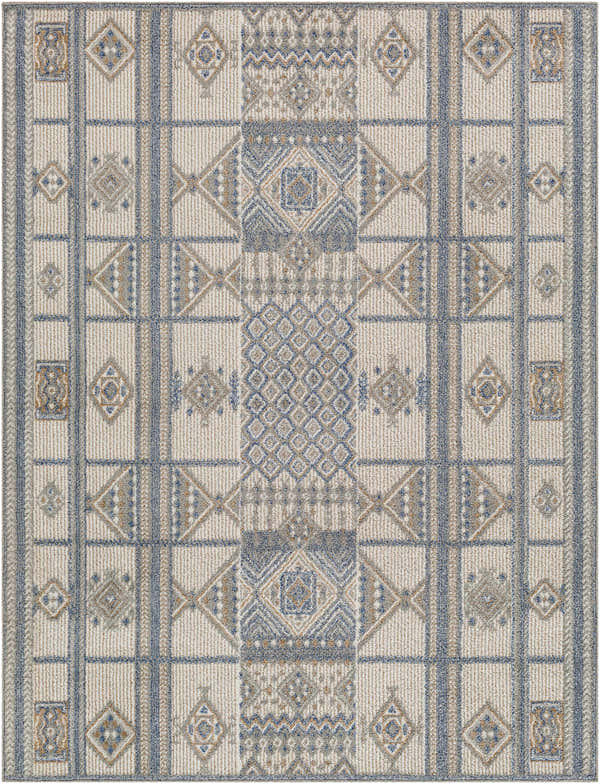 Close-up of the Coryn Area Rug. Charcoal, gray, and brown geometric Southwestern-style pattern. Design-Rectangle-537