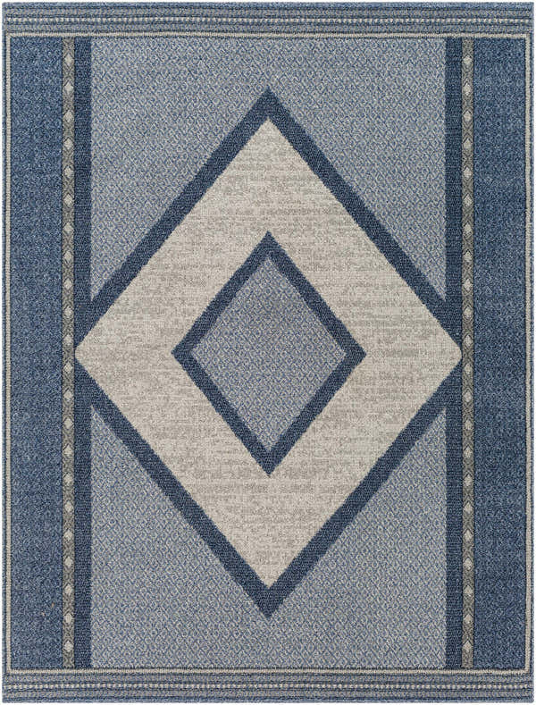Close-up of the Onan Area Rug. Arctic sky, gray, and silver diamonds create a Southwestern pattern. Machine woven texture. Design-Rectangle-537