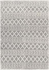 Close-up of the Chimamanda Area Rug featuring a geometric pattern in arctic stone and dark gray recycled PET yarn. Hand-woven texture. Design-Rectangle-576