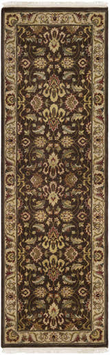 Necia Beige Damask Area Rug. Close-up of a wool rug with a dark brown damask pattern and cream, olive, and tan accents. Design-Runner-268