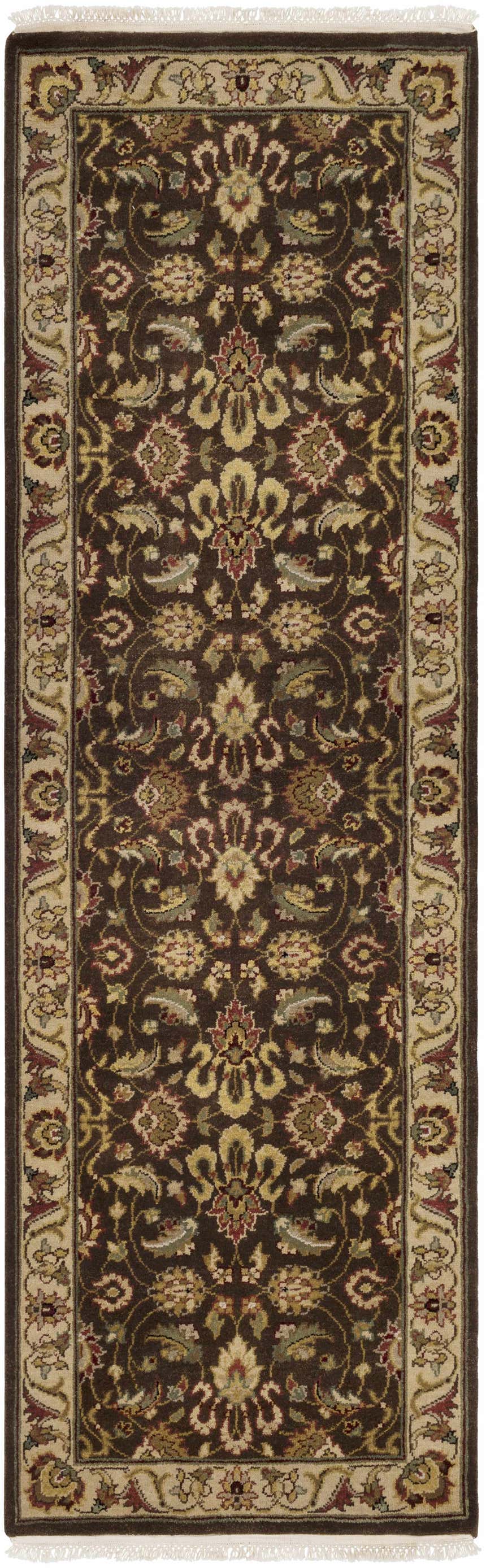 Necia Beige Damask Area Rug. Close-up of a wool rug with a dark brown damask pattern and cream, olive, and tan accents. Design-Runner-268