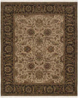 Necia Beige Damask Area Rug. Hand-knotted wool rug with cream, brown, olive, and tan floral pattern and dark brown border. Design-Rectangle