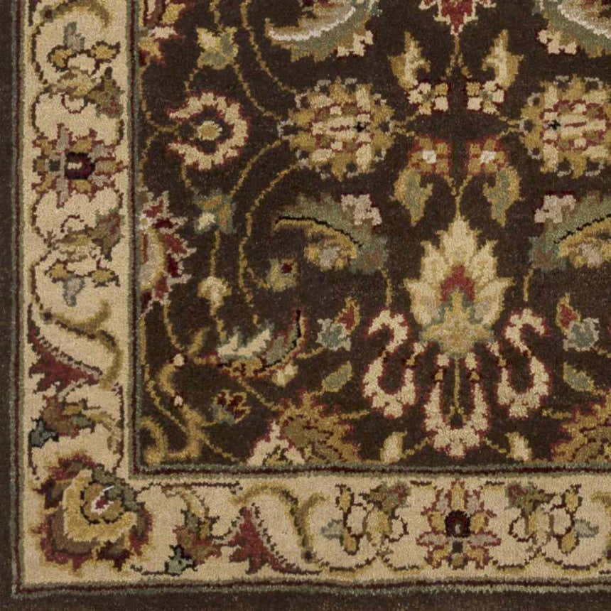 Close-up of the Necia Beige Damask Area Rug, featuring a traditional floral pattern in cream, dark brown, olive, and tan. Swatch