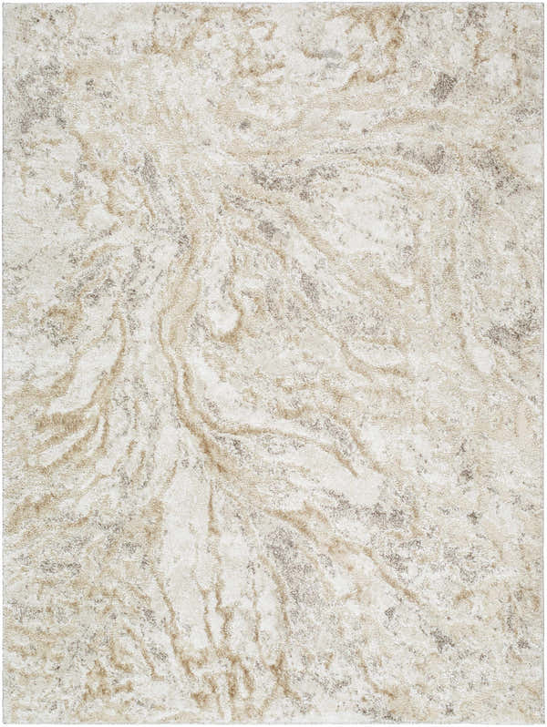 Close-up of the Syler Area Rug featuring a light silver and warm gray abstract pattern. Design-Rectangle-5373