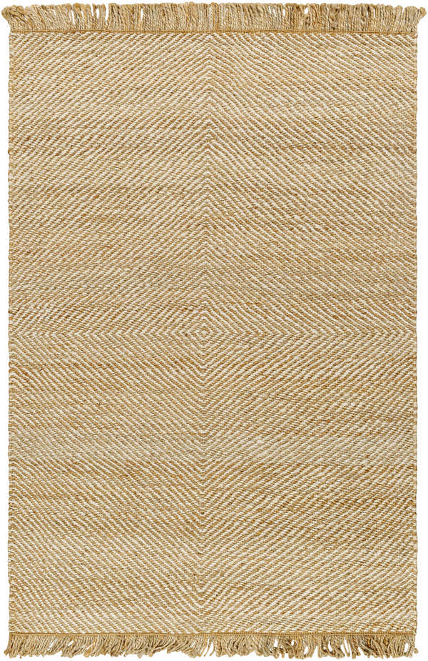 Hand woven Kaiko Area Rug, a jute rug with a geometric diamond pattern and fringed edges. Design-Rectangle-576
