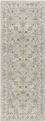Close-up of the Amaru Cream & Sage Textured Rug. Features a traditional floral pattern and fringe detail. Design-Runner-2710