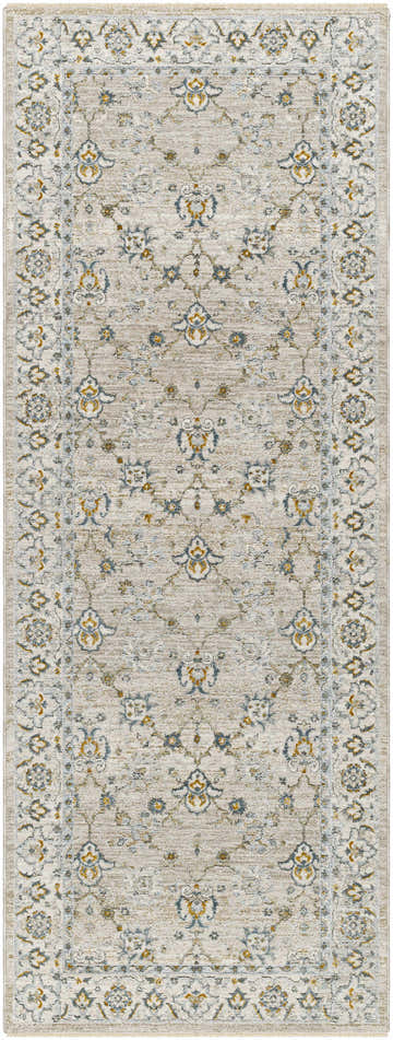 Close-up of the Amaru Cream & Sage Textured Rug. Features a traditional floral pattern and fringe detail. Design-Runner-2710