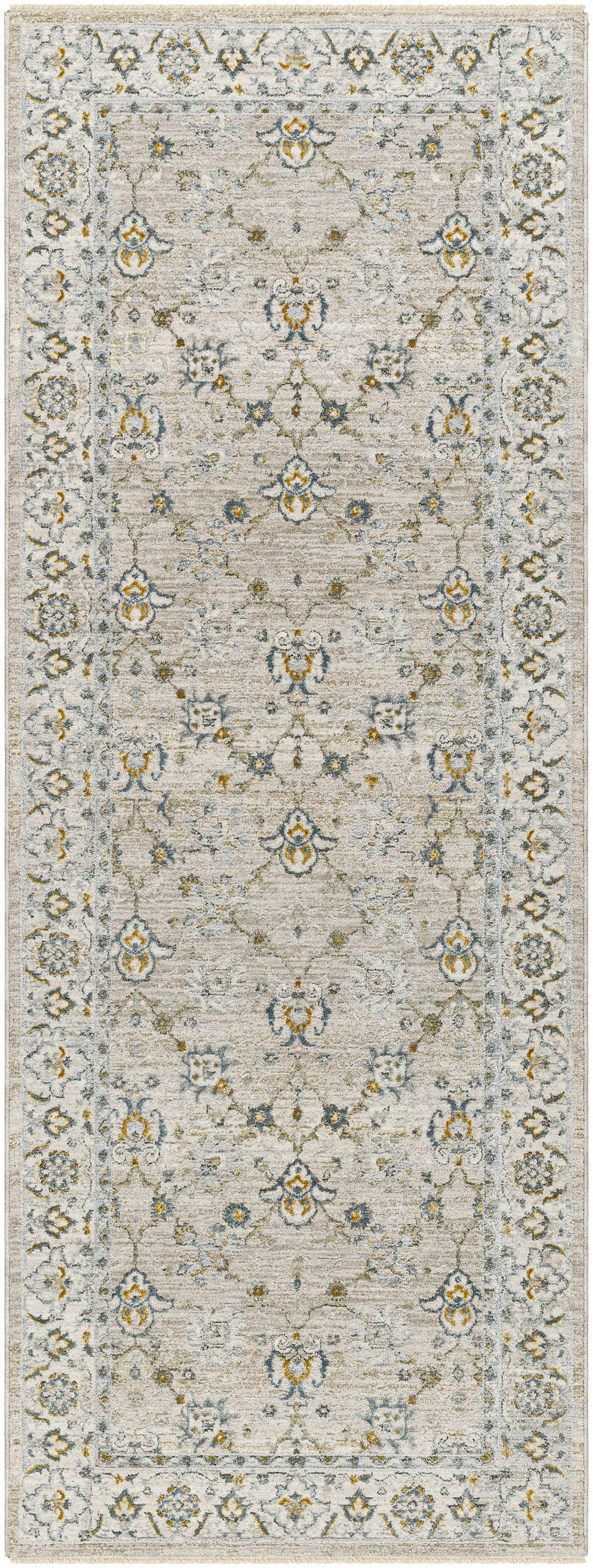 Close-up of the Amaru Cream & Sage Textured Rug. Features a traditional floral pattern and fringe detail. Design-Runner-2710