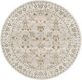 Close-up of a round Amaru Cream & Sage Textured Rug. Features a traditional floral pattern with sage, cream, and mustard hues. Design-Round-53