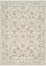 Close-up of Amaru Cream & Sage Textured Rug. Traditional floral pattern in cream, sage, teal, and mustard colors. Design-Rectangle-575