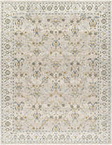 Close-up of Amaru Cream & Sage Textured Rug. Features farmhouse style floral pattern in cream, sage, and mustard tones. Design-Rectangle-710103