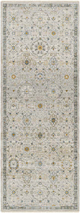 Close-up of Annie Cream Textured Rug with Fringes. Features a traditional floral pattern in cream, gold, and blue tones. Design-Runner-2773