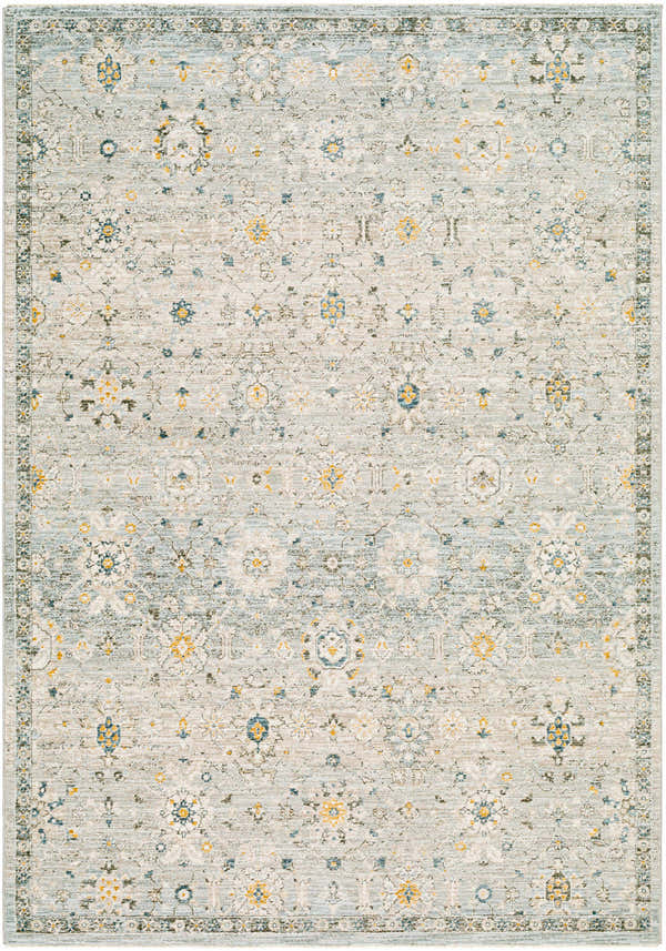 Textured Annie Green Rug with floral pattern. Farmhouse style rug in light blue, yellow and ivory. Design-Rectangle-575