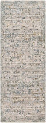 Close-up of the Chaka Textured Rug. Features a contemporary design in off-white, teal, and mustard hues. Design-Runner-2773
