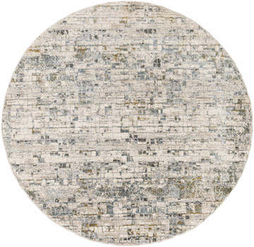 Close-up of round Chaka Textured Rug in off white, gray, and blue. Contemporary style with a subtle brick-like pattern. Design-Round-53