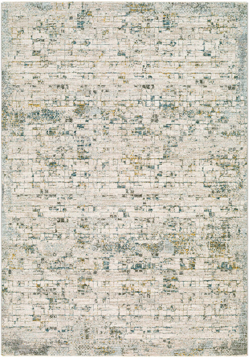 Close-up of the Chaka Textured Rug. Contemporary design in off white, teal, and mustard colors. Machine woven polyester rug. Design-Rectangle-575
