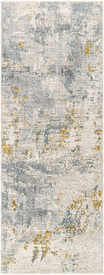 Close-up of the Chaya Textured Abstract Rug. Features dusty sage, ink blue, mustard, and gray hues in a contemporary design. Design-Runner-2710